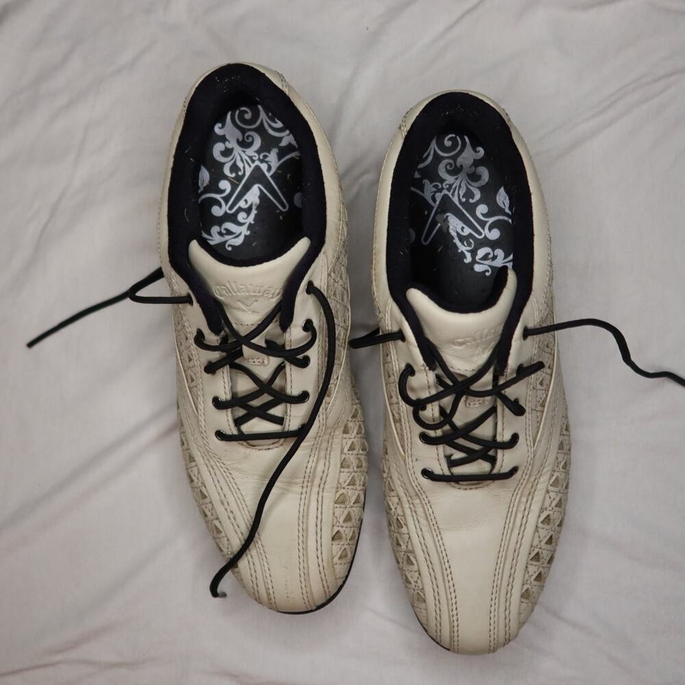 Callaway Golf Shoes Womens Spiked Geometric Cutout Off White Black leather y2k